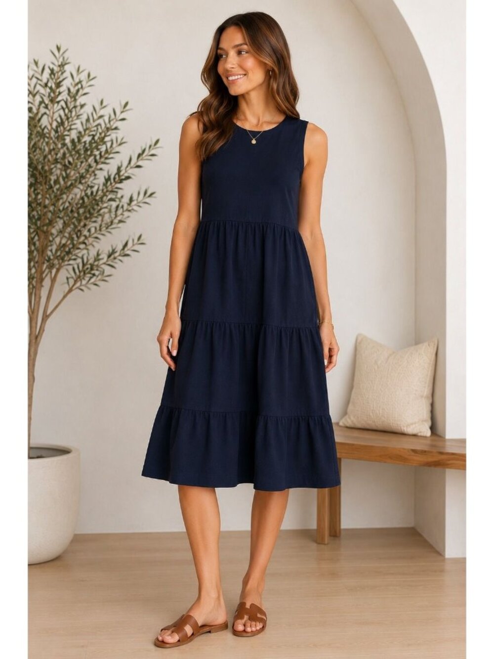 DKNY Navy Sleeveless Tiered Midi Dress Size M Cotton Blend Casual Knit